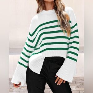 NWOT • Oversized Crewneck Sweater • White + Green Stripes • Women’s Large